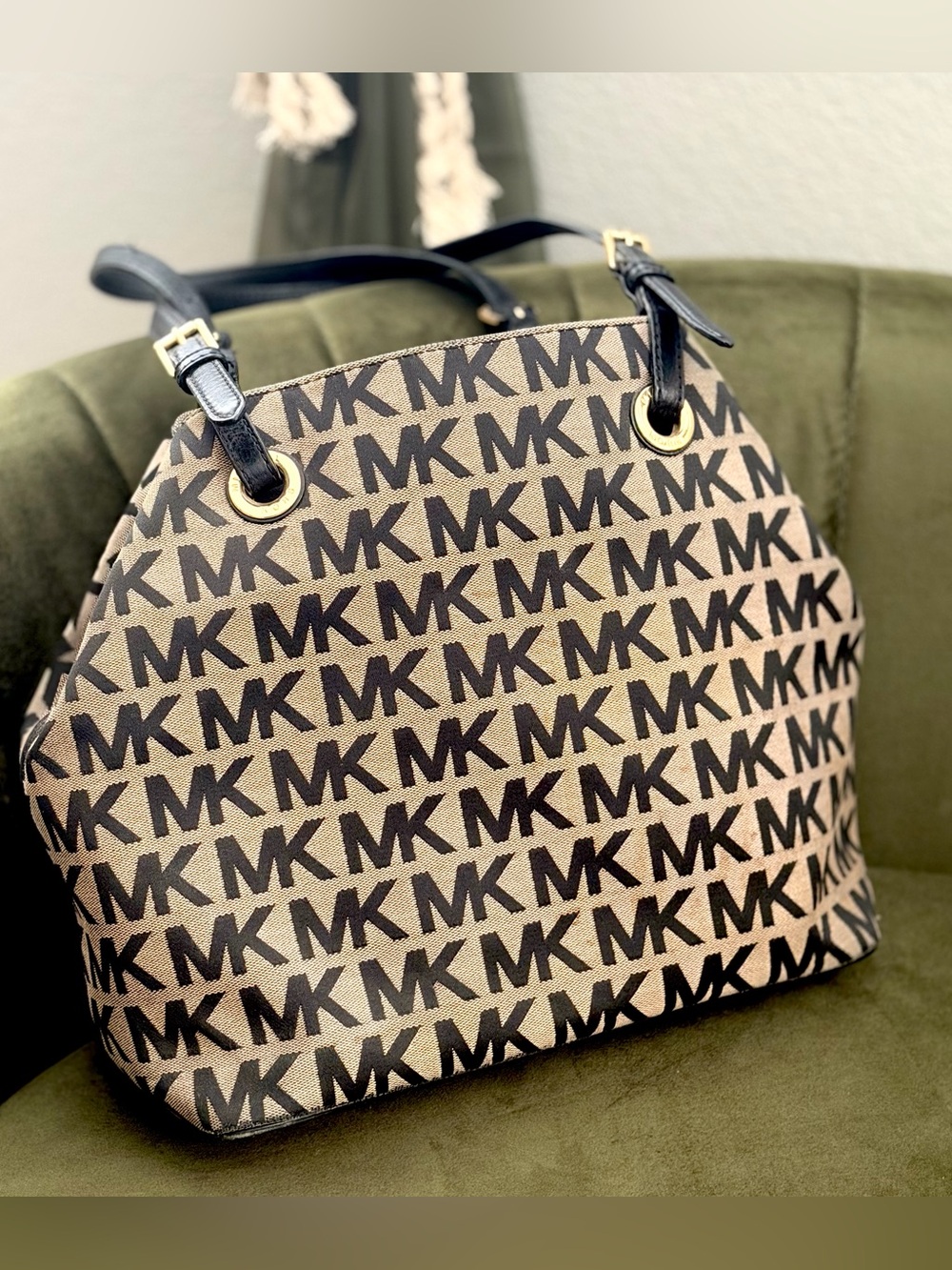 Michael Kors Tan and Black MK Signature Dome Satchel